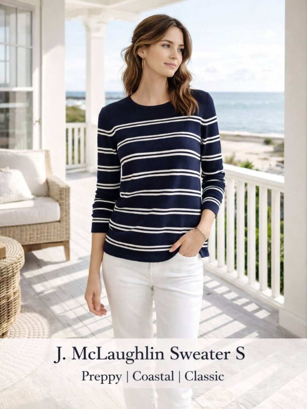 J McLaughlin Navy Stripe Sweater Preppy Coastal Pullover Parisian Style Classic
